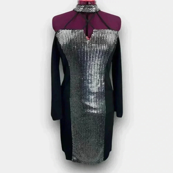 Venus Dresses & Skirts - Venus Bodycon Cocktail Party Dress L Black Silver Sequin Halter Off Shoulder